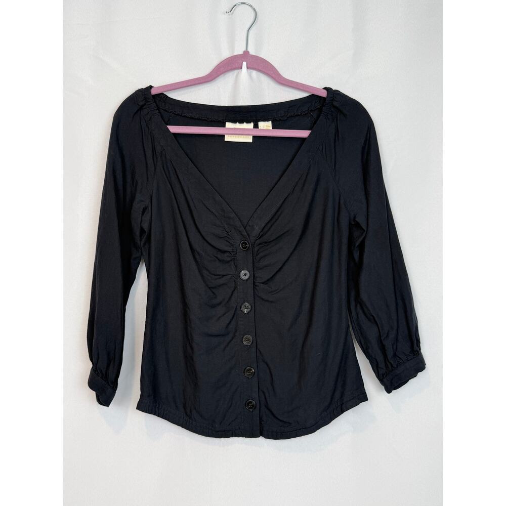 Maeve Anthropologie Black Ruched Button Top Sz 4 Rayon Linen Boho